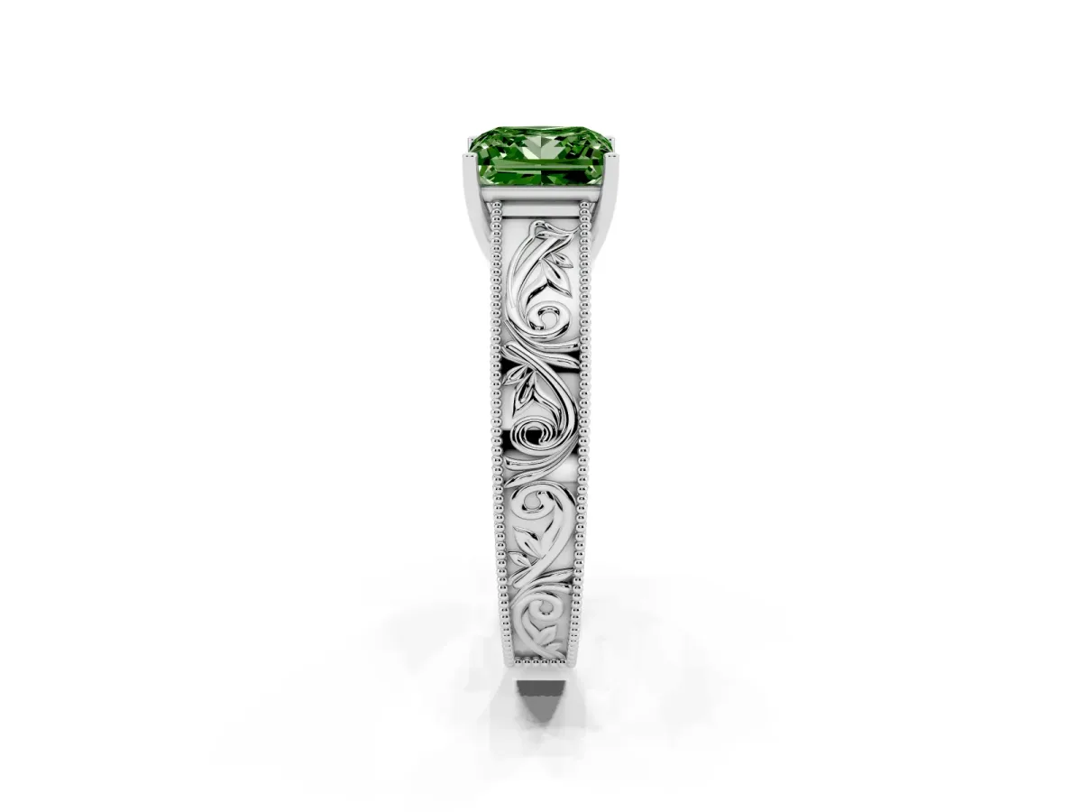 Fancy Green Princess Cut Diamond Solitaire Ring with Engraved Band and Four-Prong Setting Silver