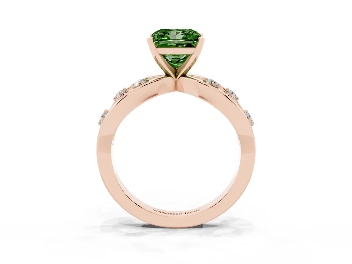 Fancy Green Princess Cut Cut Solitaire Diamond with Side Stones on Criss-Cross Band and Four-Prong Setting Rose gold