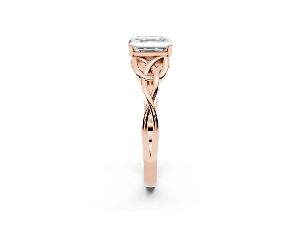Asscher Cut Diamond Solitaire Engagement Ring with Celtic Knot Band and Four-Prong Setting Rose gold