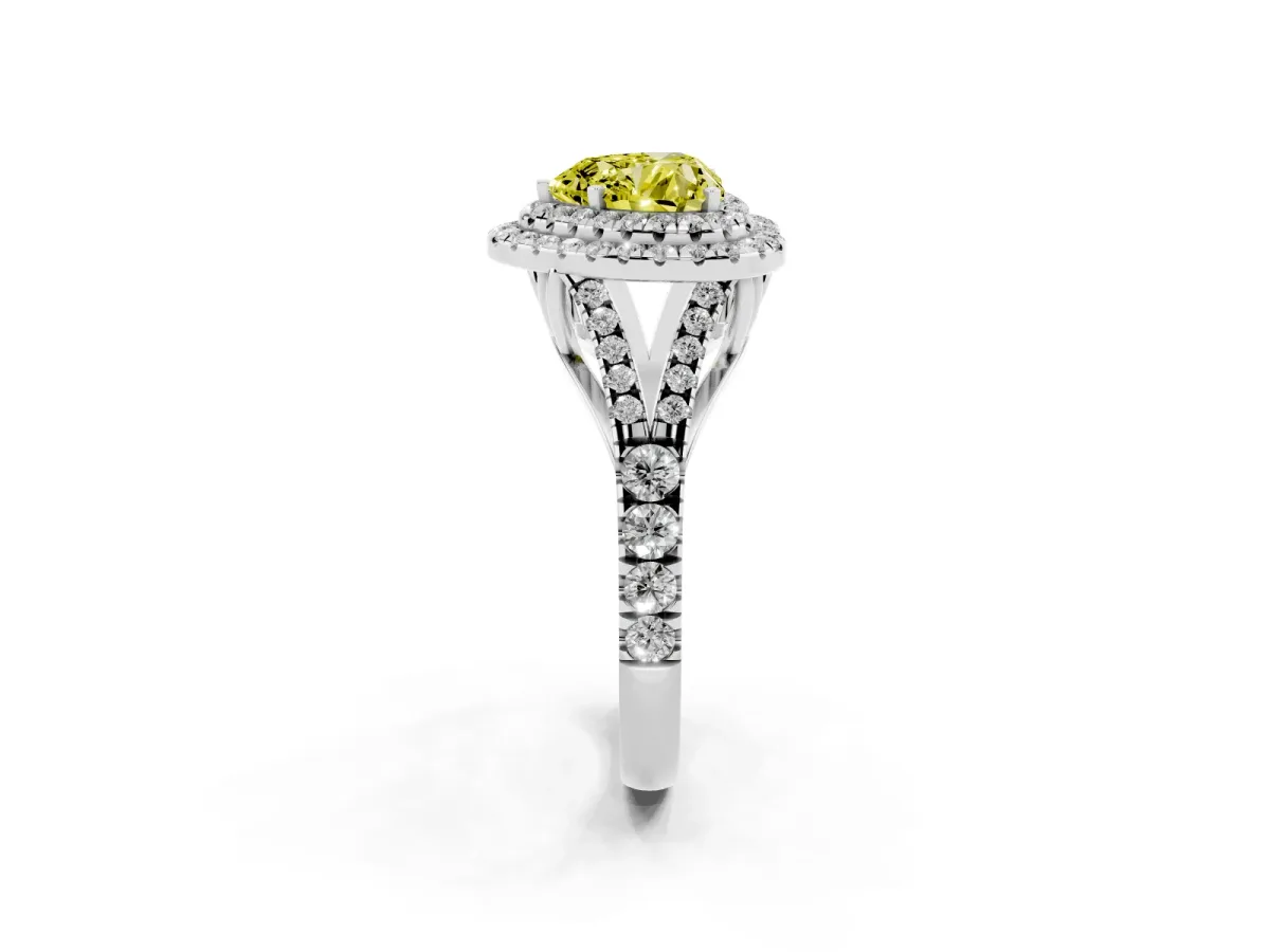 Fancy Yellow Heart Cut Cut Double Halo Split Shank Diamond Ring with Prong Setting Silver
