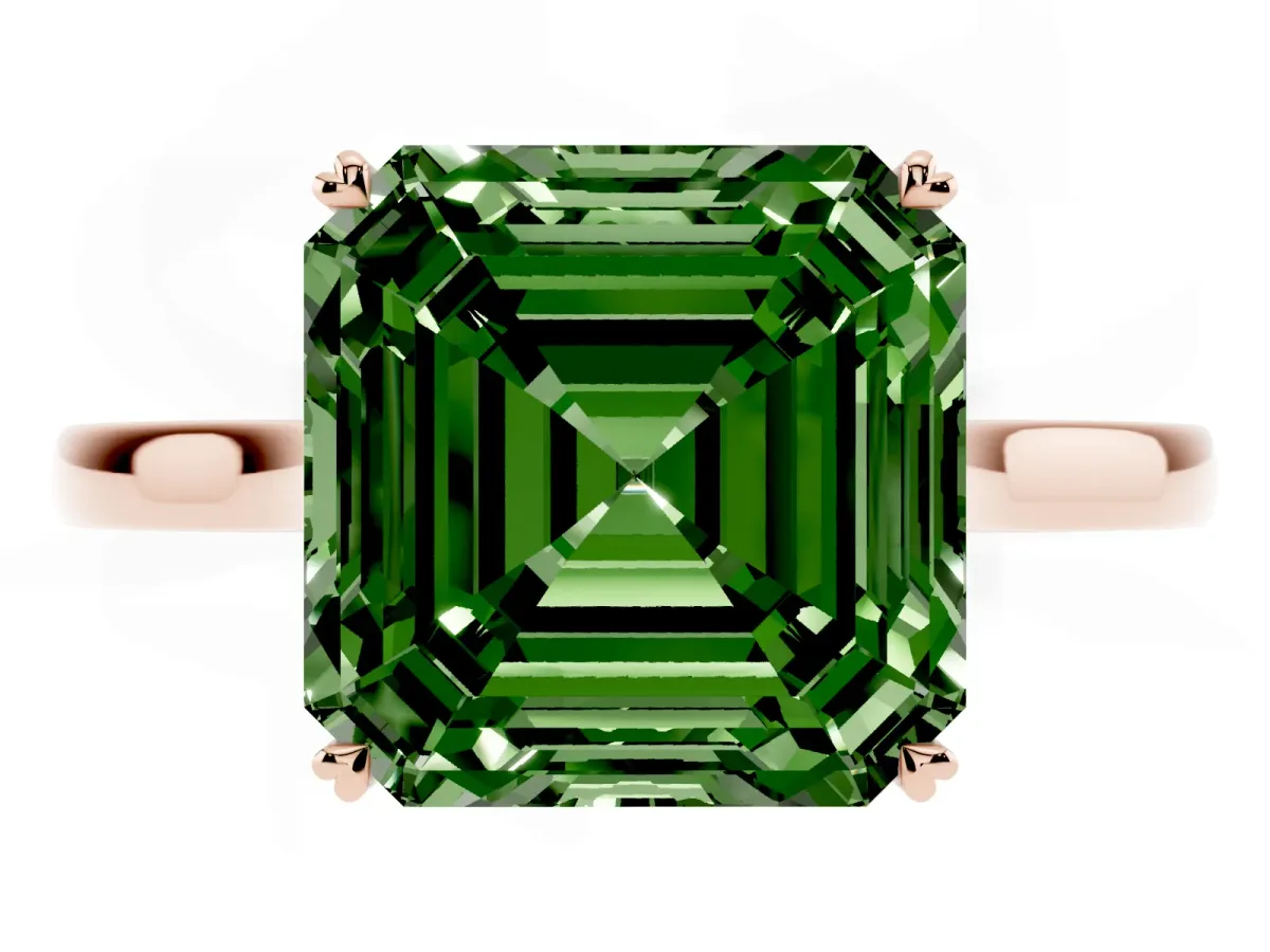 Fancy Green Asscher Cut Solitaire Heart Prong Engagement Ring with Tapered Band Rose gold