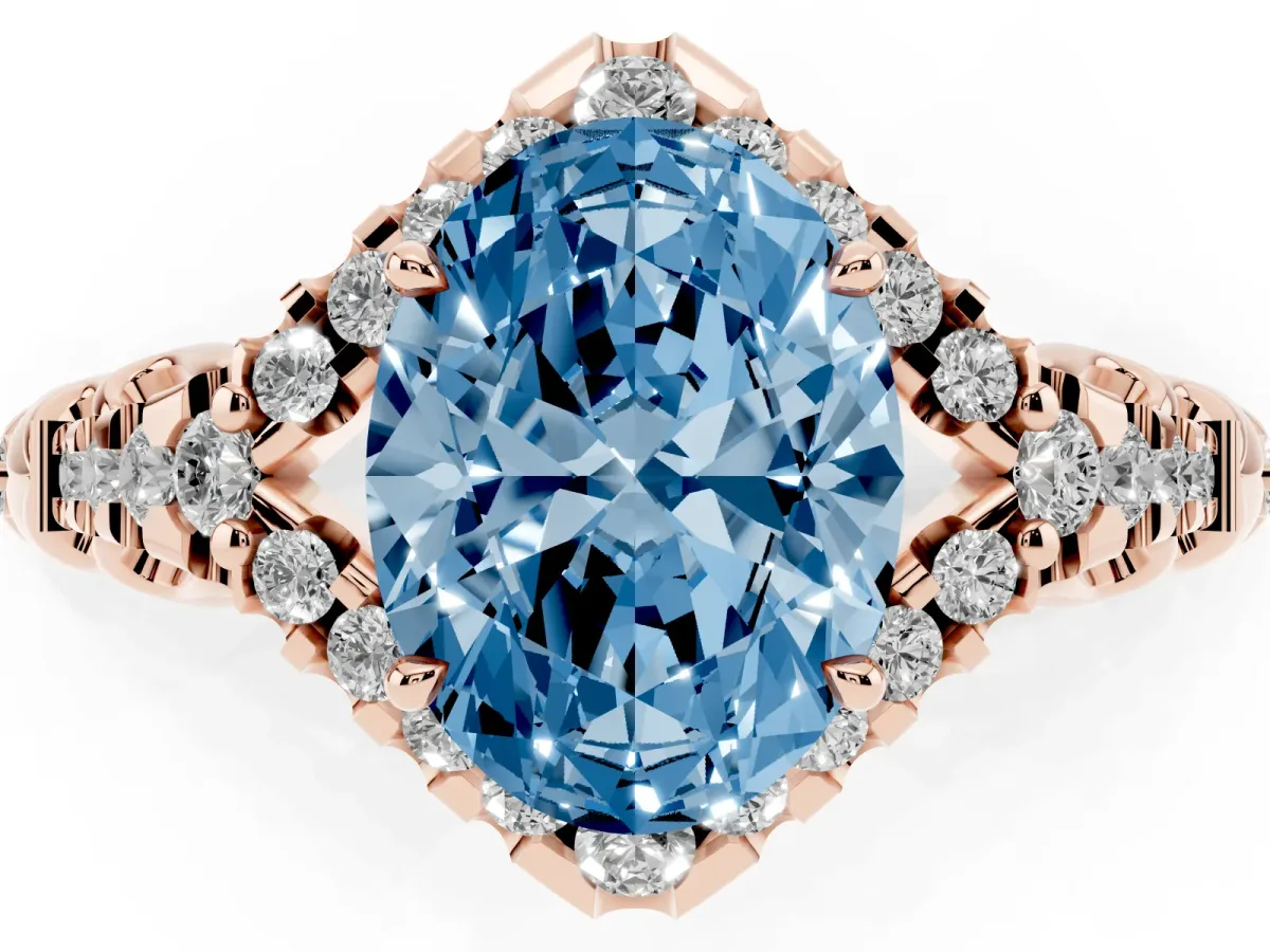 Fancy Blue Oval Cut Diamond Solitaire Ring with Hidden Halo and Pavé Band Rose gold