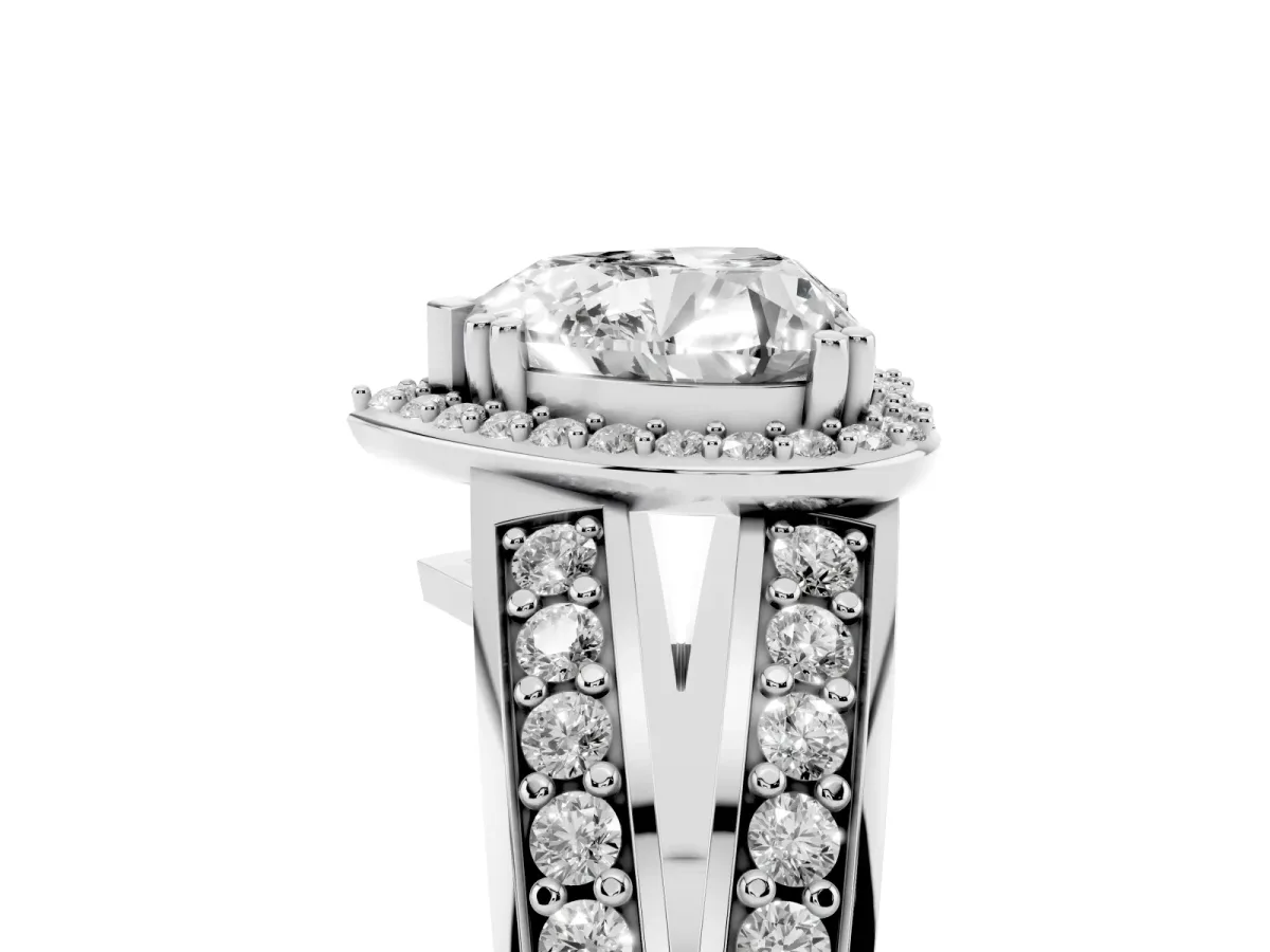 Heart Cut Diamond Halo Ring with Split Shank Pavé Band and Four-Prong Setting White gold