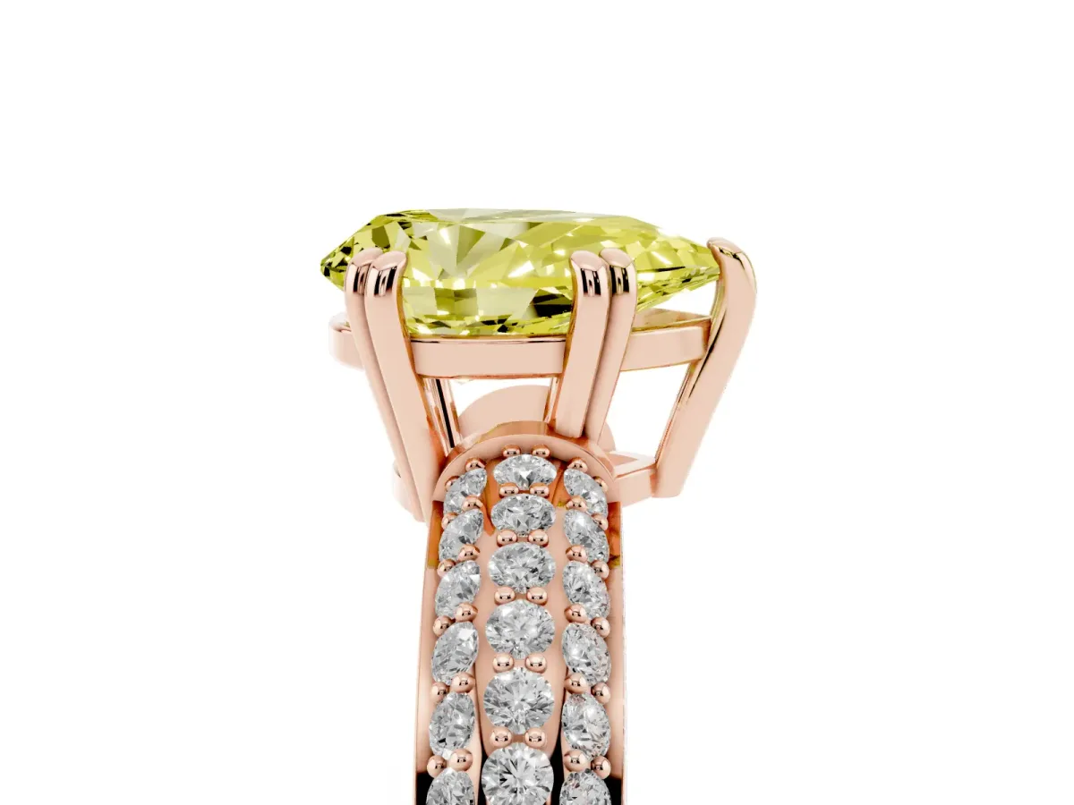 Fancy Yellow Pear Cut Diamond Solitaire Ring with Multi-Row Round Pavé Band and Prong Setting Rose gold