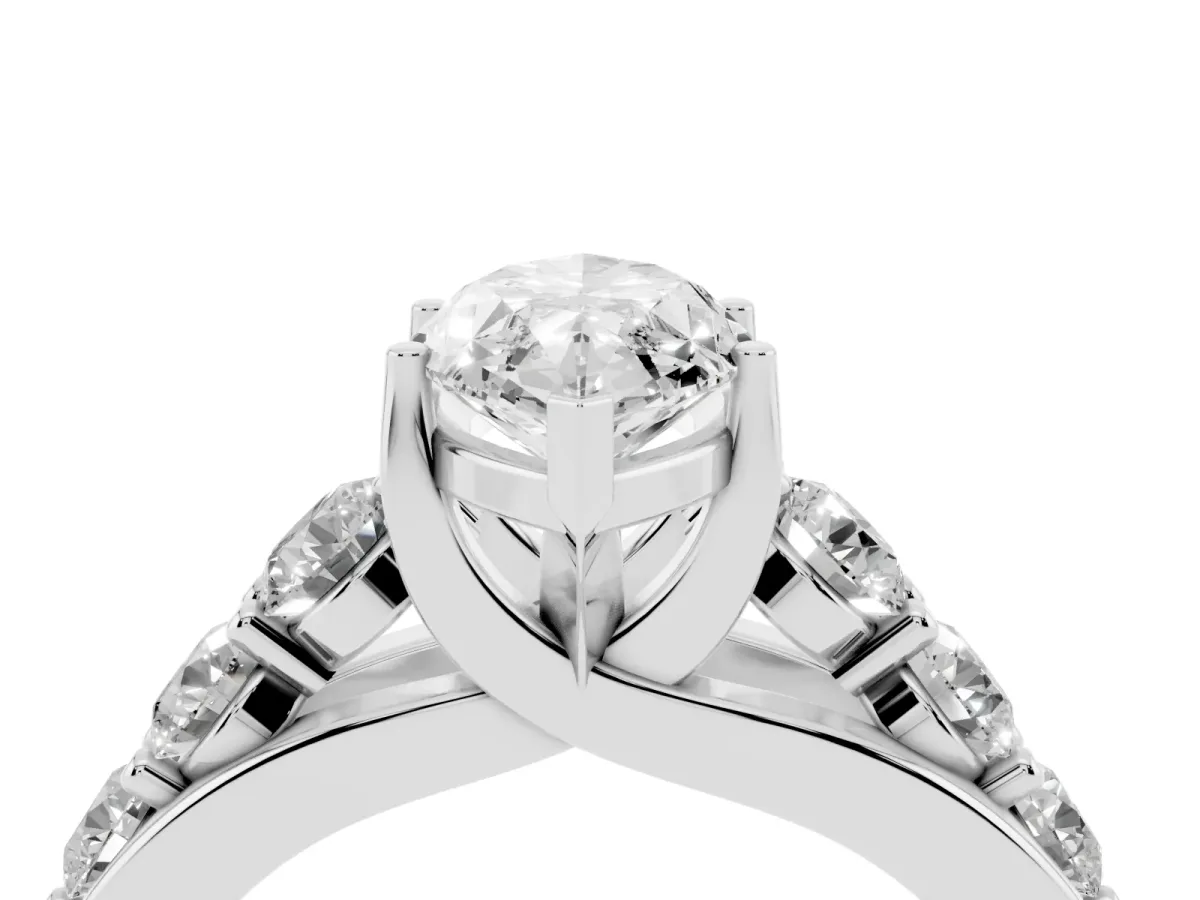 Marquise Cut Diamond Engagement Ring with Pavé Band and Four-Prong Setting Silver