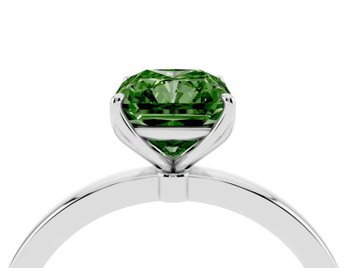 Fancy Green Radiant Cut Diamond Solitaire Ring with Thin Band and Prong Setting Silver