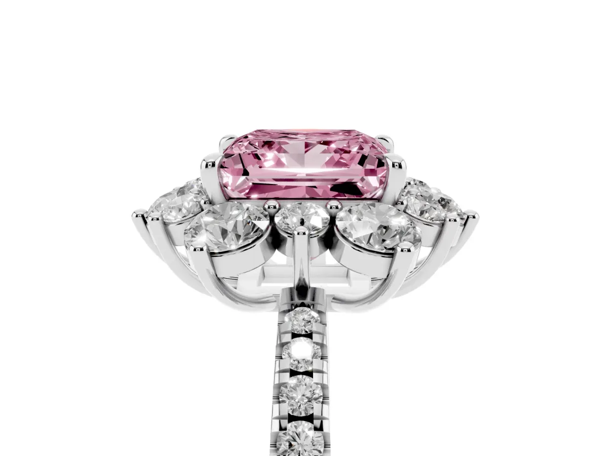 Fancy Pink Princess Cut Diamond Floral Halo Ring with Round Pavé Band and Prong Setting Silver