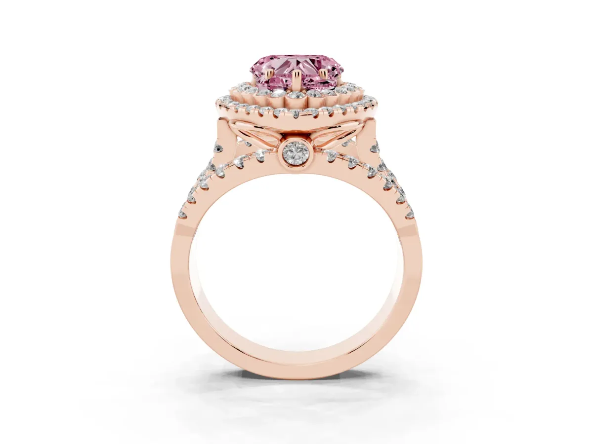 Fancy Pink Heart Cut Diamond Double Halo Ring with Round Pavé Split Shank and Prong Setting Rose gold