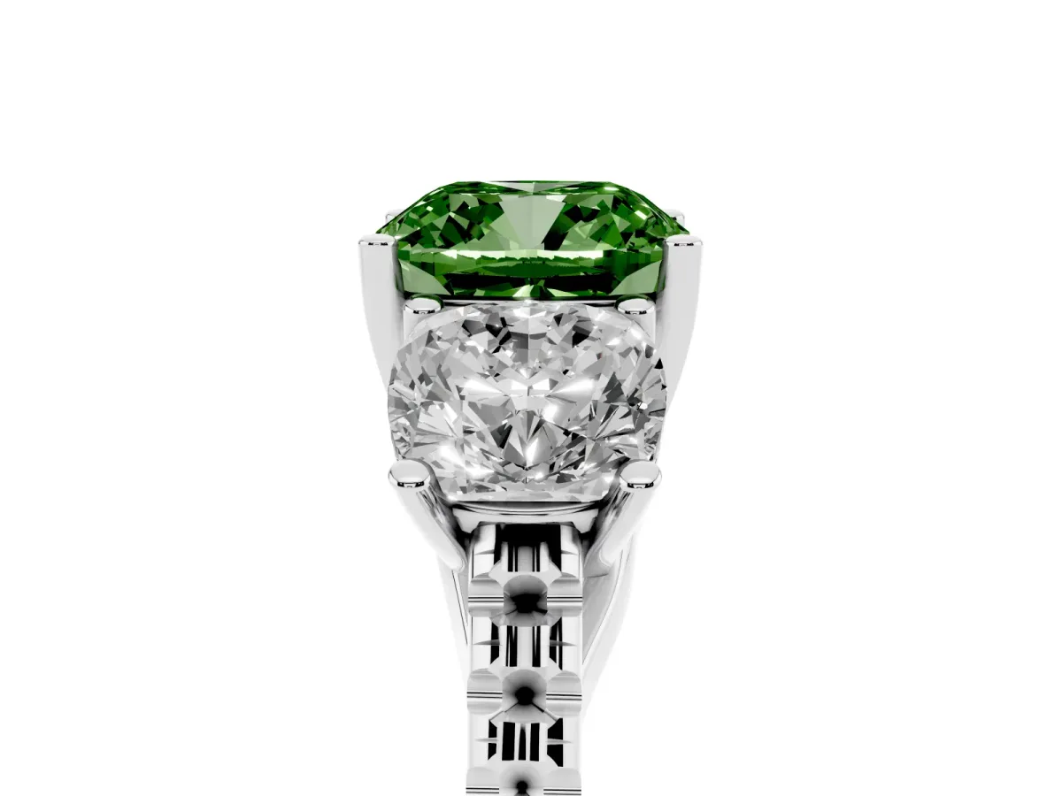 Fancy Green Three-Stone Cushion Cut Diamond Ring with Round Pavé Band and Prong Setting Silver