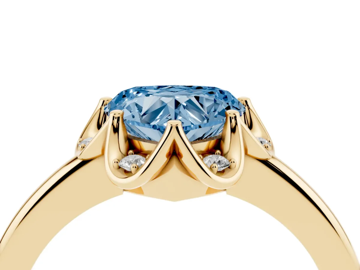 Fancy Blue Heart Cut Halo Diamond Ring with Round Cluster Setting, Solitaire Band, and Four-Prong Setting Yellow gold
