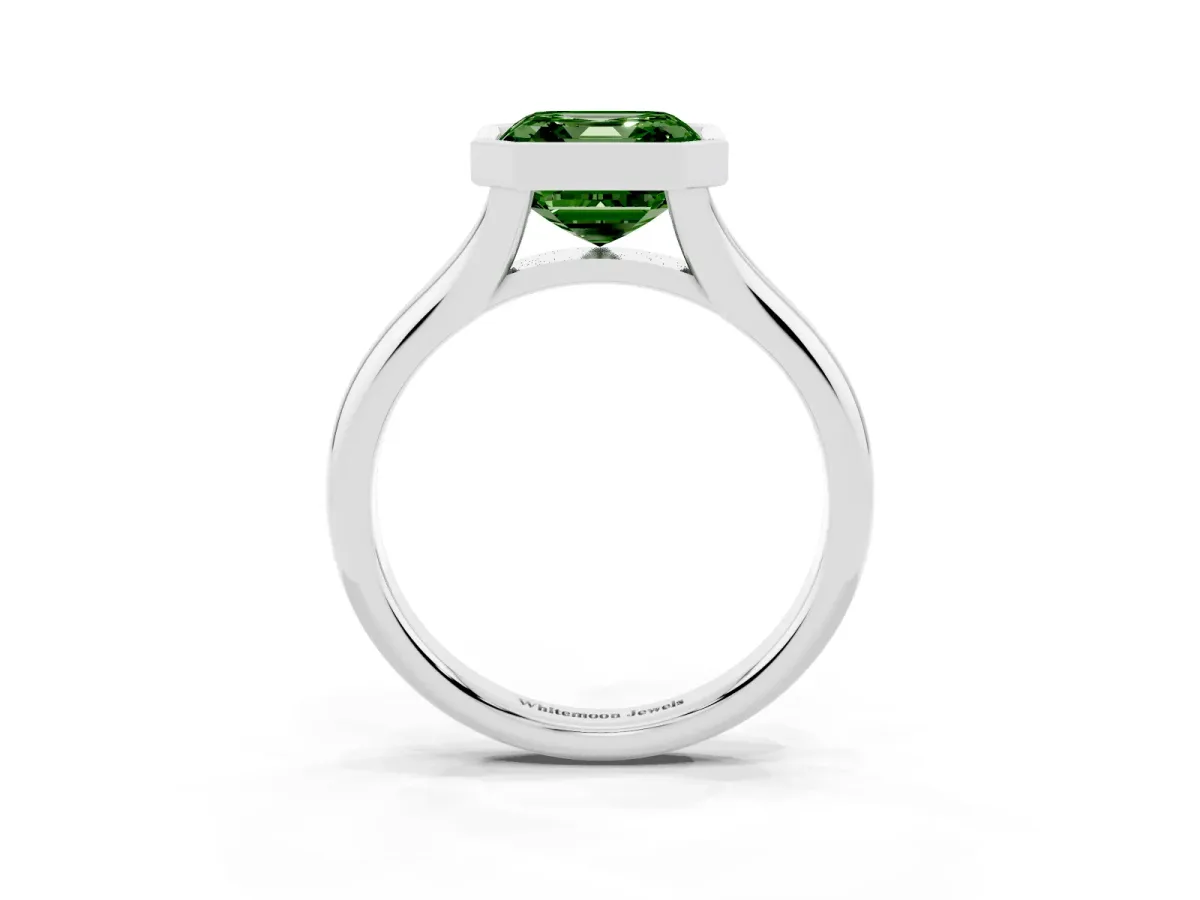 Fancy Green Bezel Set Asscher Cut Solitaire Diamond Ring with Smooth Band Platinum
