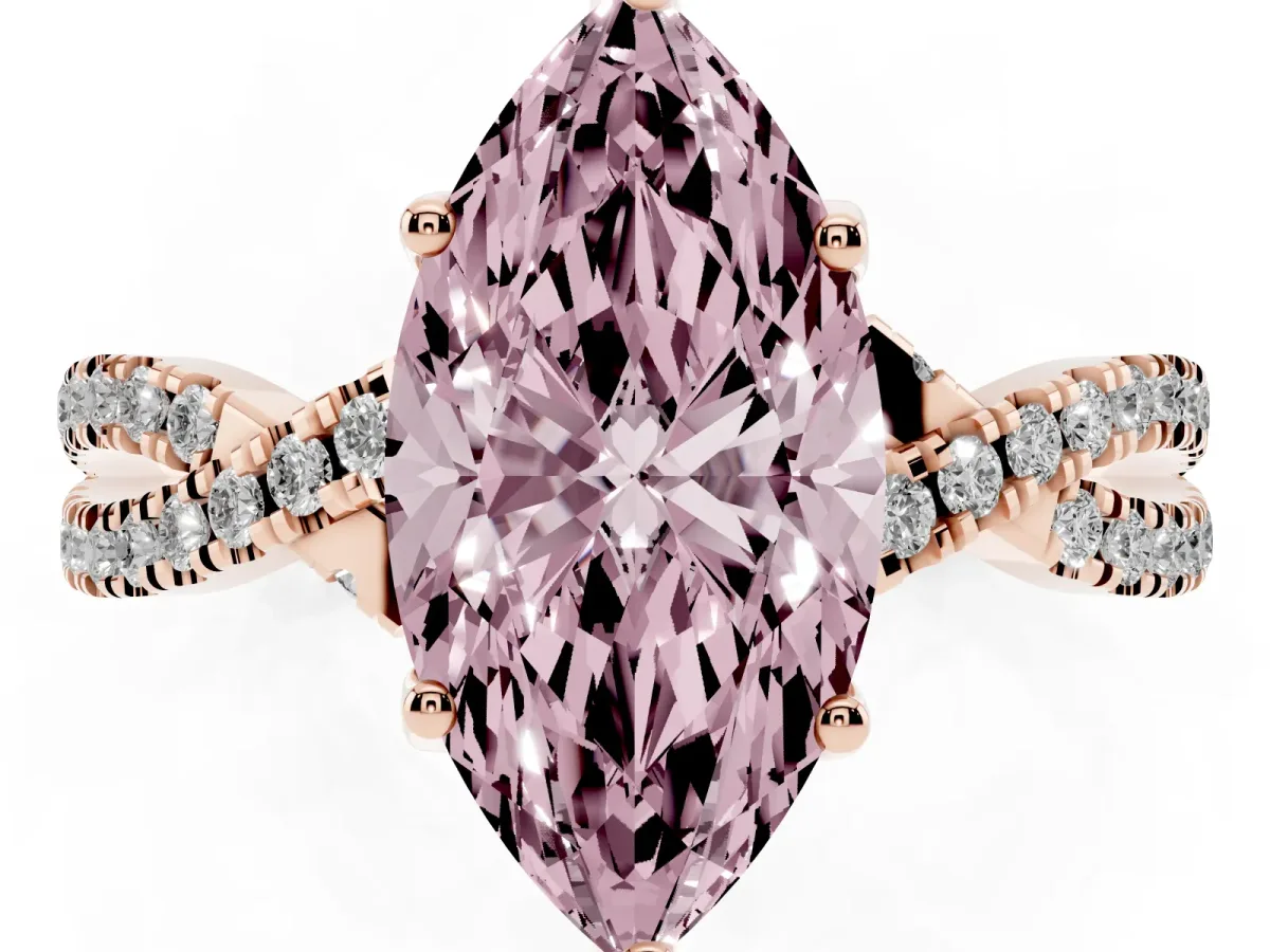 Fancy Pink Marquise Cut Solitaire Twist Pave Diamond Engagement Ring with Prong Setting Rose gold