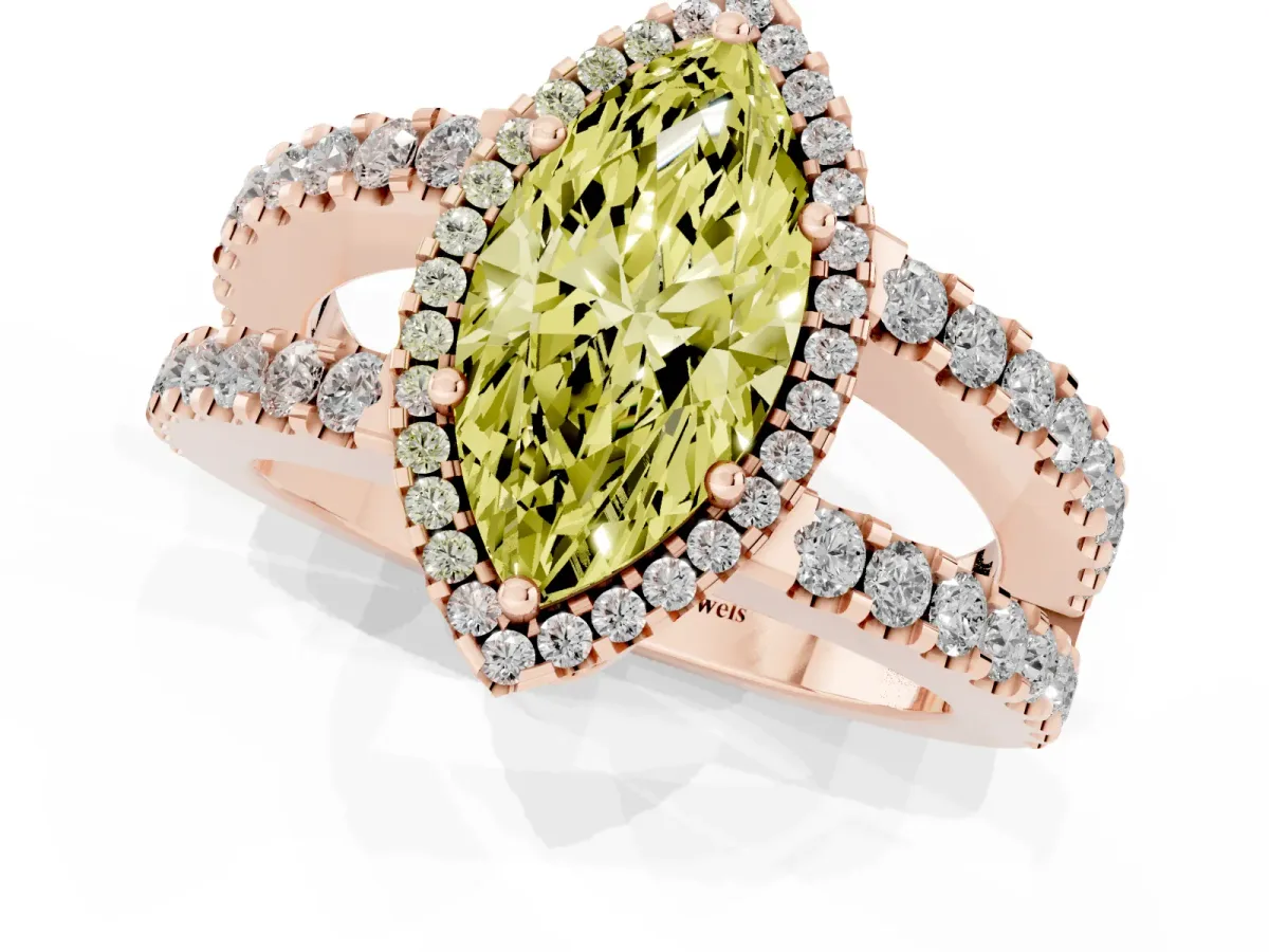 Fancy Yellow Marquise Cut Cut Halo Split Shank Diamond Ring with Four-Prong Setting Rose gold