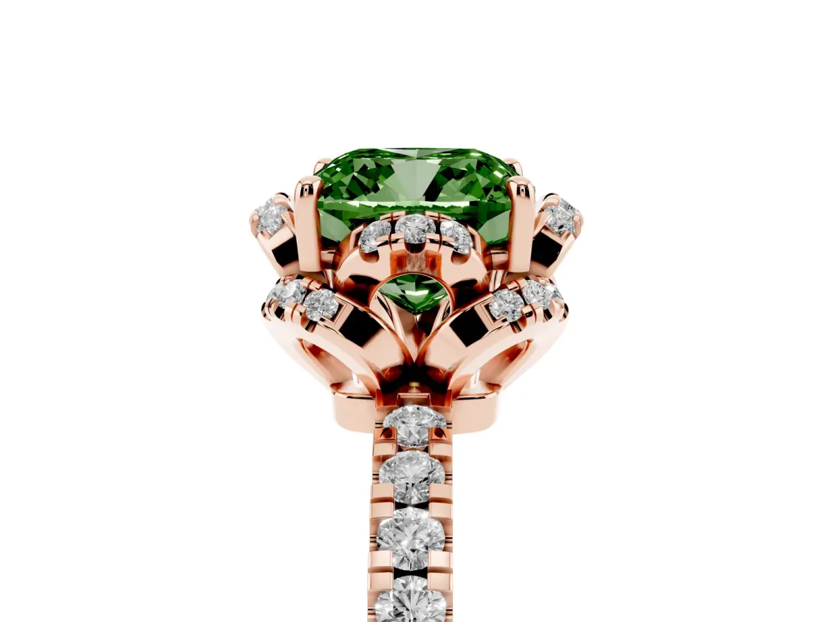 Fancy Green Cushion Cut Halo Diamond Pave Band Ring with Four-Prong Setting Rose gold