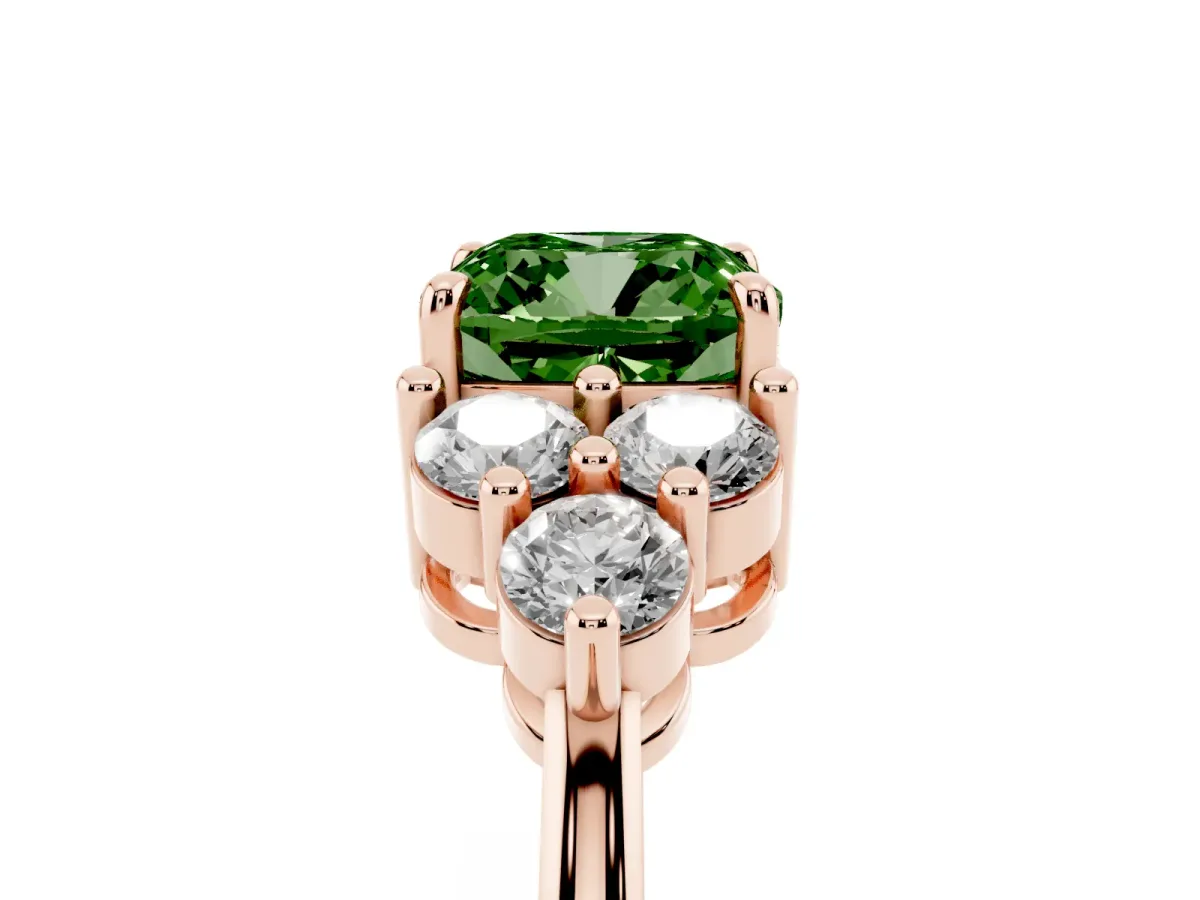 Fancy Green Cushion Cut Brilliant Diamond Cluster Accent Solitaire Ring with Prong Setting Rose gold