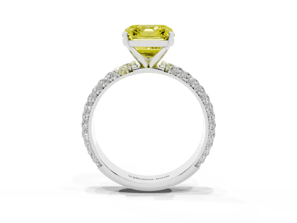 Fancy Yellow Asscher Cut Diamond Solitaire Ring with Prong Setting and Pavé Band Silver