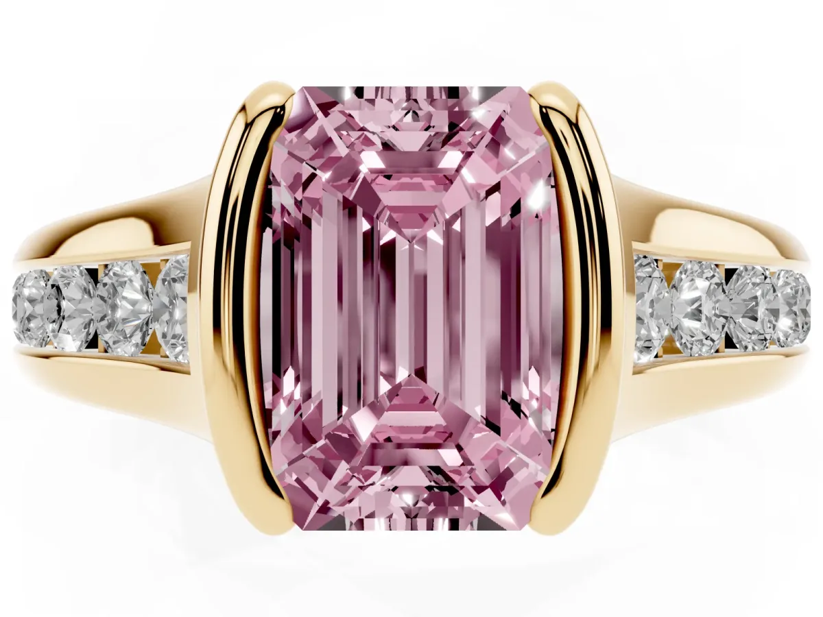 Fancy Pink Emerald Cut Solitaire Bezel-Set Diamond Ring with Channel-Set Band Yellow gold