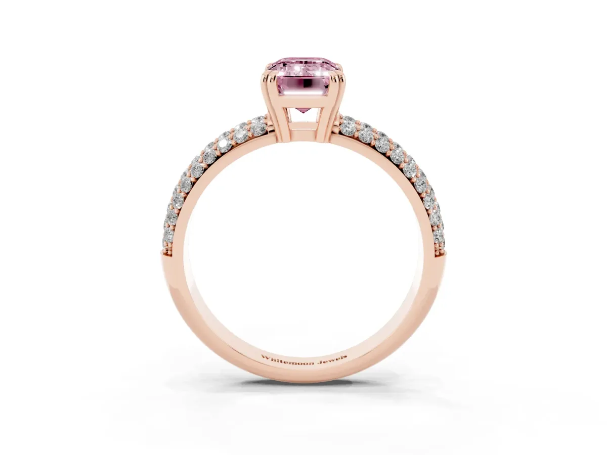 Fancy Pink Emerald Cut Diamond Solitaire Ring with Multi-Row Round Pavé Band and Prong Setting Rose gold