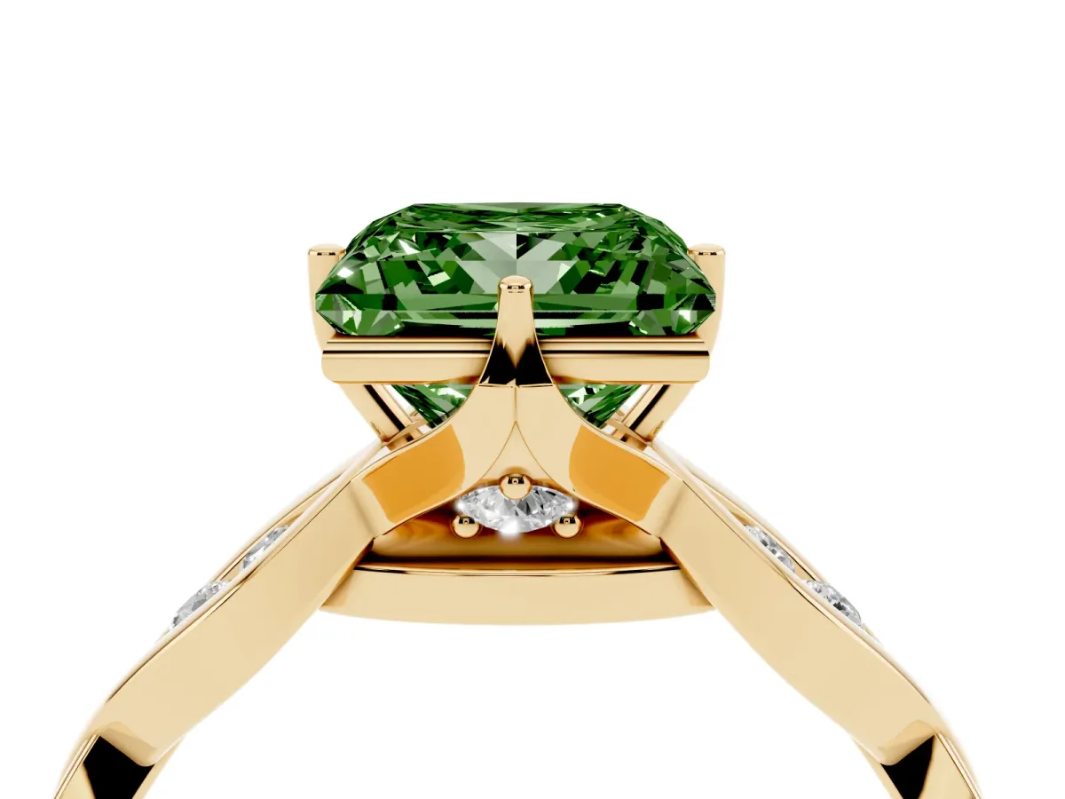 Fancy Green Princess Cut Solitaire Twist Band with Leaf Prong Setting Yellow gold
