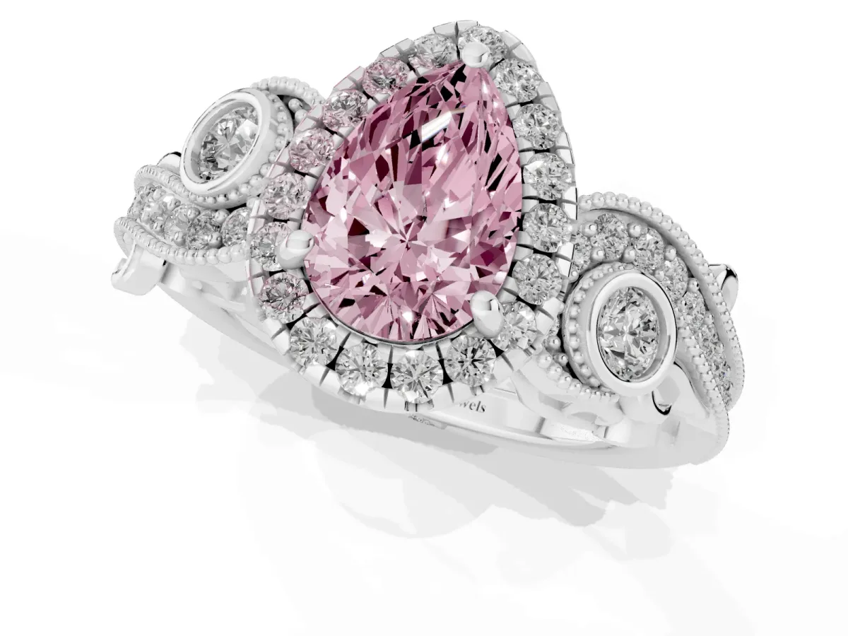 Fancy Pink Pear Cut Halo Diamond Ring with Milgrain and Bezel Accents on a Split Shank Band Silver