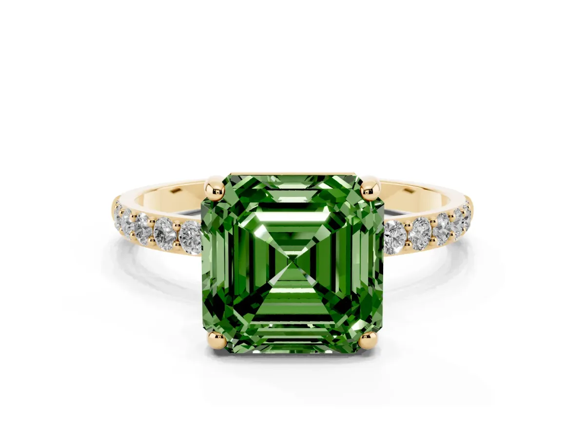 Fancy Green Asscher Cut Diamond Solitaire Ring with Round Pavé Band and Prong Setting Yellow gold