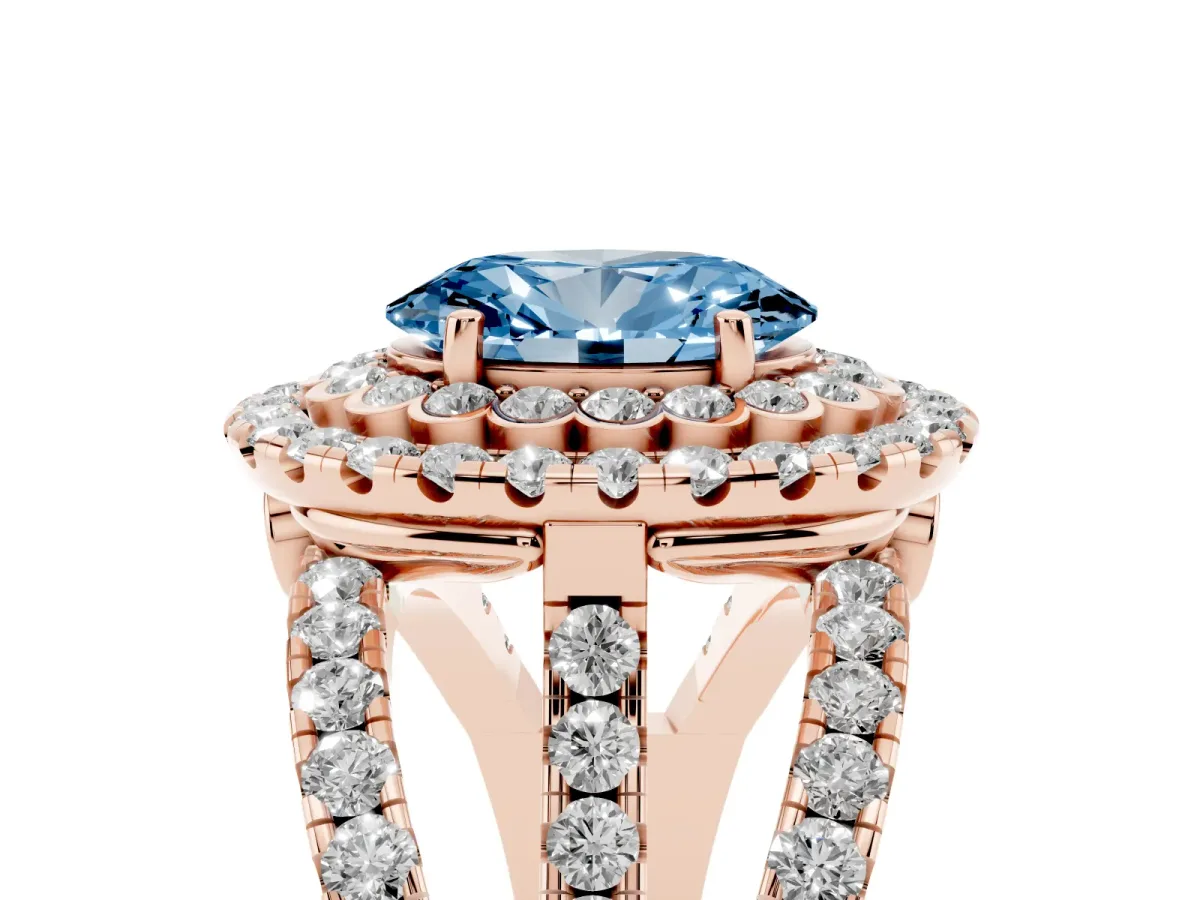 Fancy Blue Oval Cut Diamond Double Halo Ring with Round Pavé Split Shank and Prong Setting Rose gold