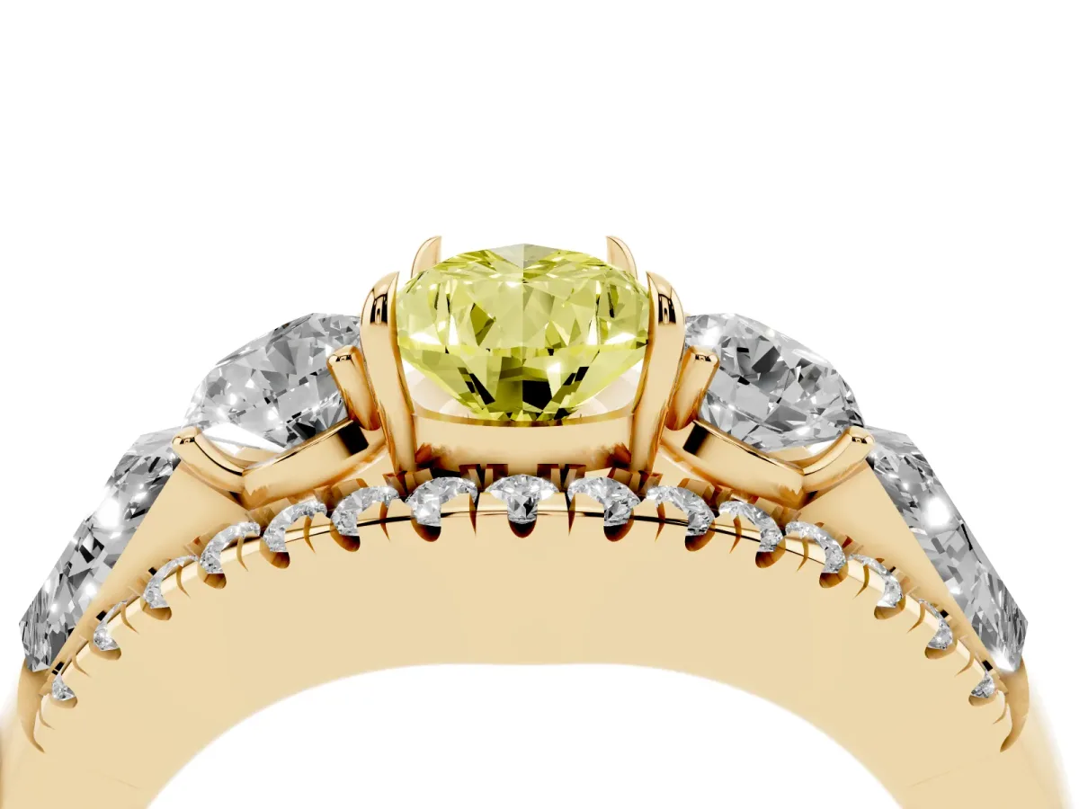 Fancy Yellow Three-Stone Pear Cut Diamond Engagement Ring with Pave Band and Prong Setting Yellow gold