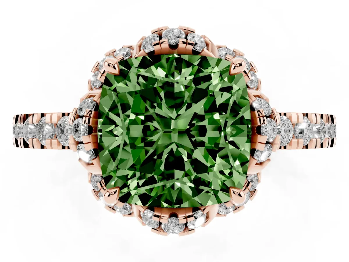 Fancy Green Cushion Cut Diamond Halo Pave Band with Four-Prong Setting Rose gold