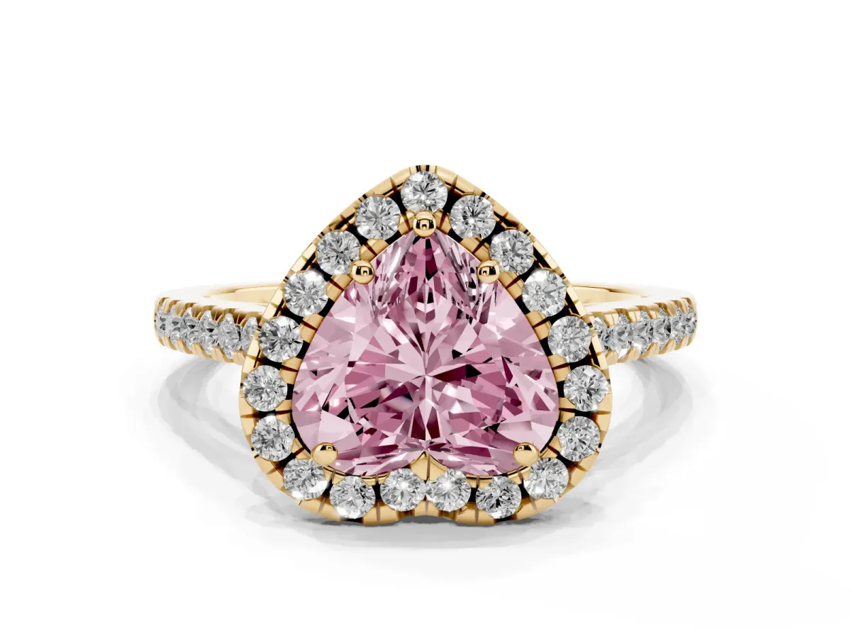 Fancy Pink Heart Cut Halo Pavé Diamond Engagement Ring with Four-Prong Setting Yellow gold
