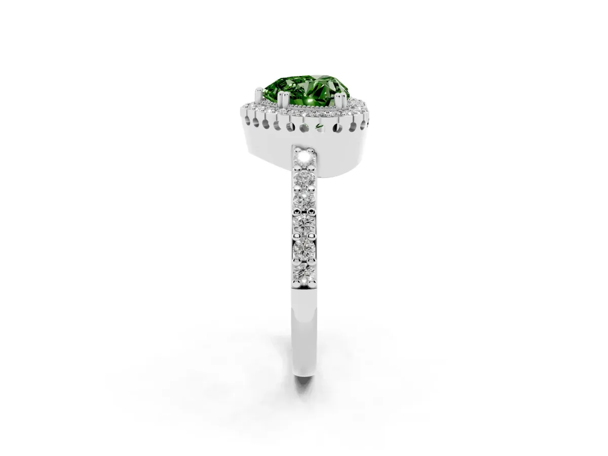 Fancy Green Heart Cut Cut Diamond Halo Engagement Ring with Milgrain Detail and Pavé Band Silver