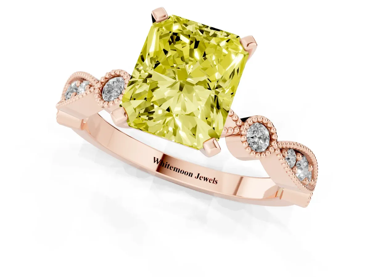 Fancy Yellow Radiant Cut Milgrain Bezel Diamond Engagement Ring with Solitaire Prong Setting Rose gold