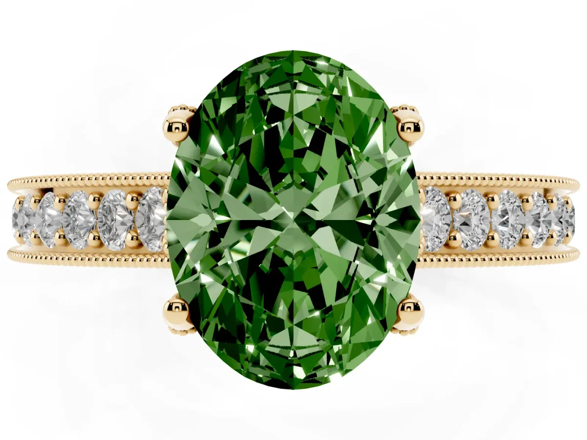 Fancy Green Oval Cut Cut Diamond Solitaire Ring with Milgrain Pave Band and Four Prong Setting Yellow gold