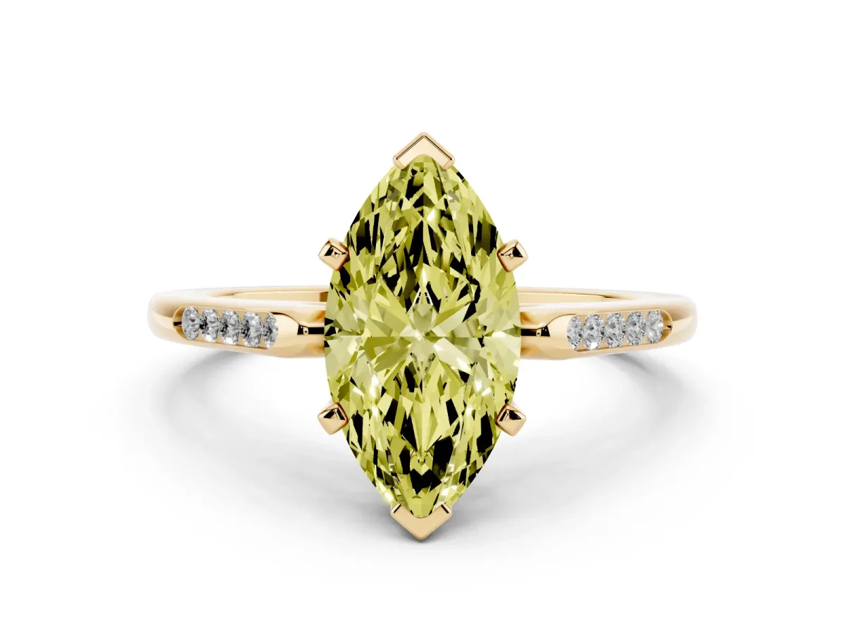 Fancy Yellow Marquise Cut Diamond Solitaire Ring with Channel Set Round Band and Prong Setting Yellow gold