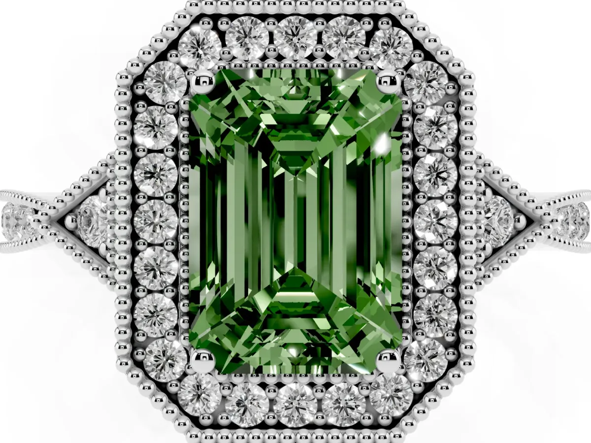 Fancy Green Emerald Cut Halo Round Diamond Milgrain Pave Engagement Ring Platinum