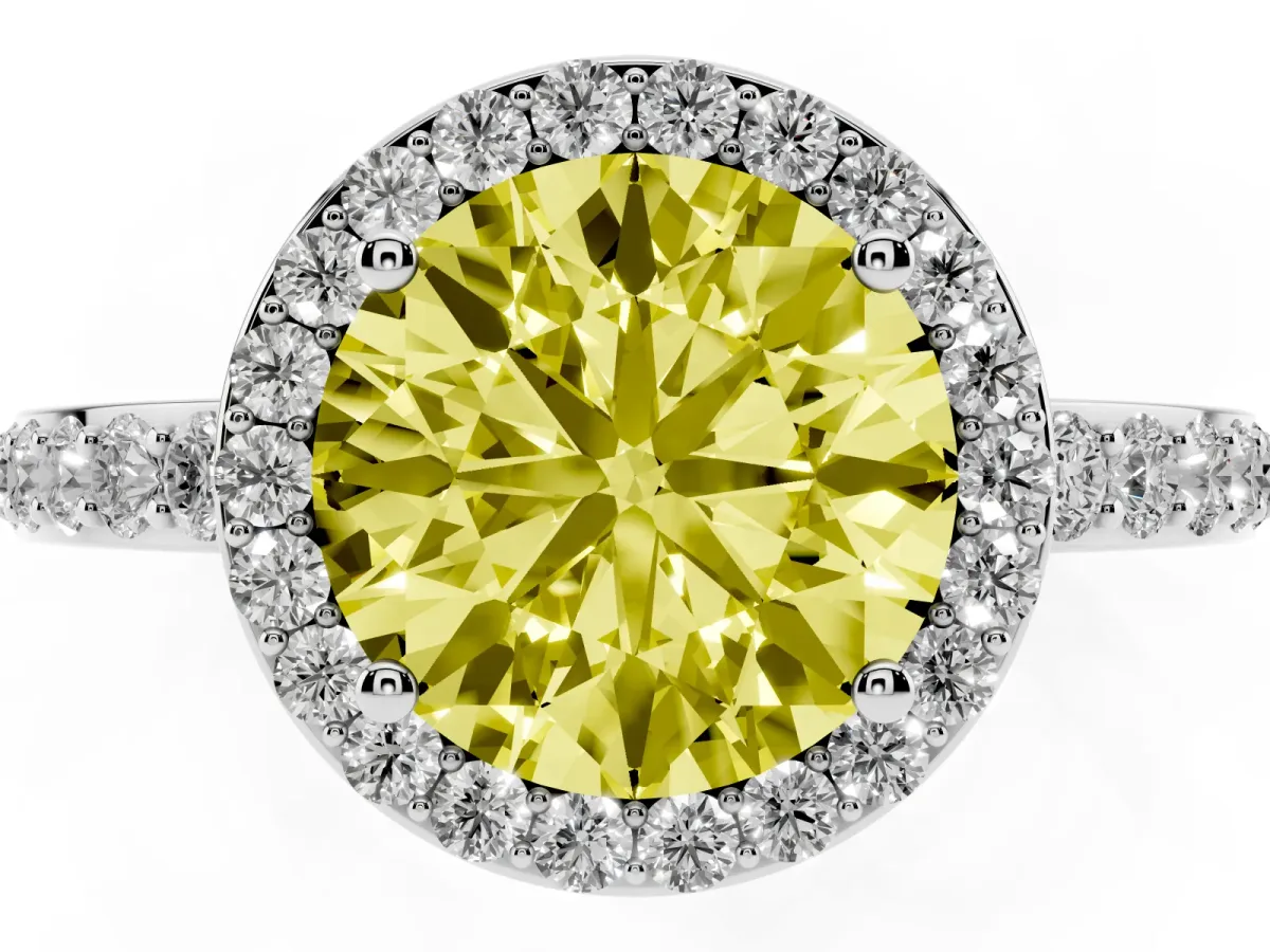 Fancy Yellow Round Cut Halo Diamond Pavé Band Ring with Prong Setting Silver