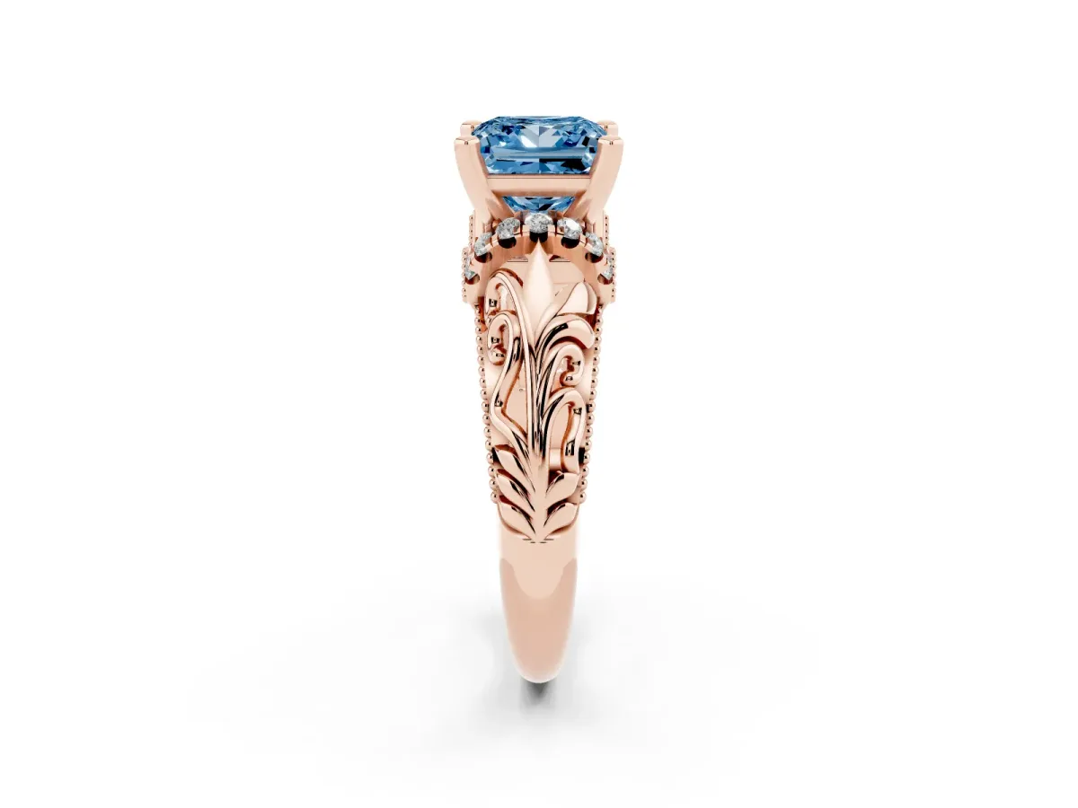Fancy Blue Princess Cut Solitaire Filigree Engagement Ring with Halo and Prong Setting Rose gold