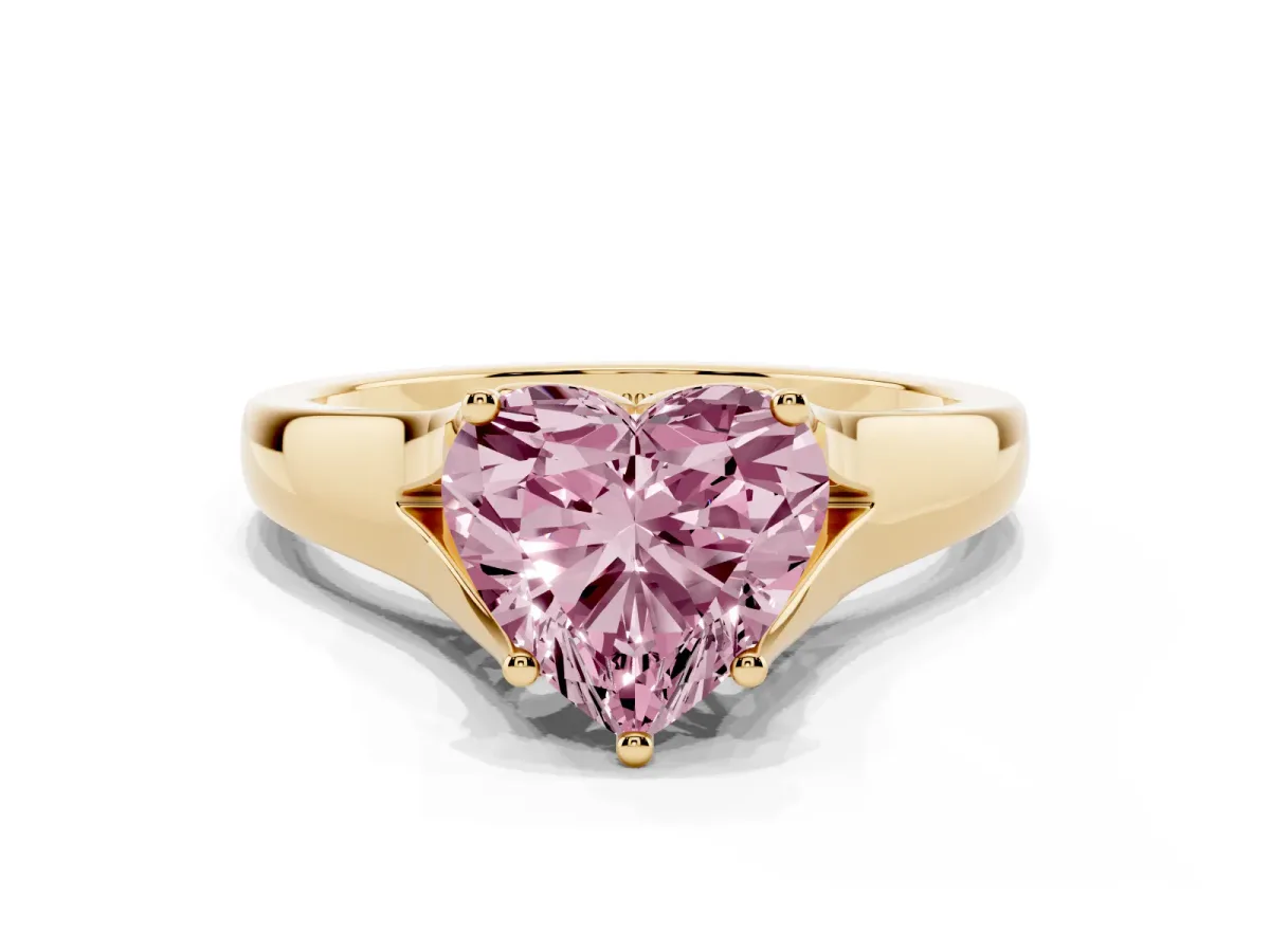 Fancy Pink Heart Cut Solitaire Diamond Ring with Cathedral Band and Four-Prong Setting Yellow gold