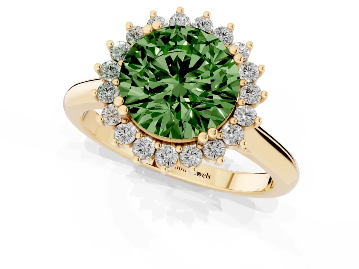 Fancy Green Round Cut Cut Diamond Halo Ring with Solitaire Band and Prong Setting Yellow gold
