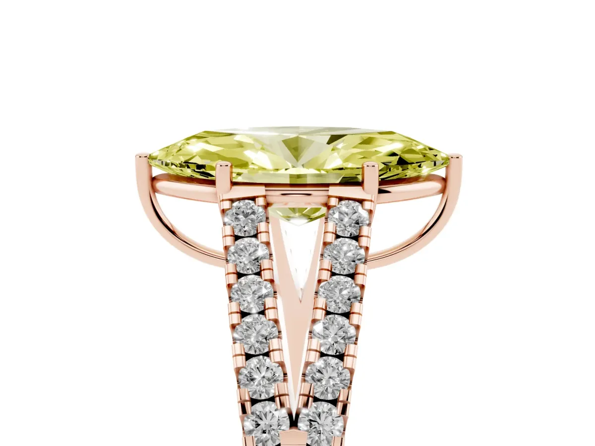 Fancy Yellow Marquise Cut Diamond Split Shank Pavé Engagement Ring with Four-Prong Setting Rose gold