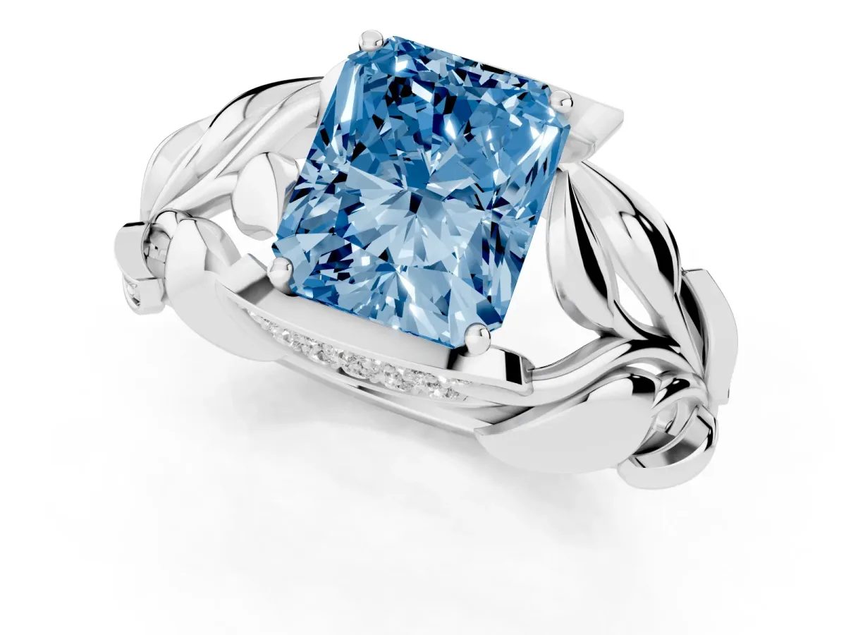 Fancy Blue Radiant Cut Diamond Leaf-Inspired Engagement Ring with Round Accents and Prong Setting White gold