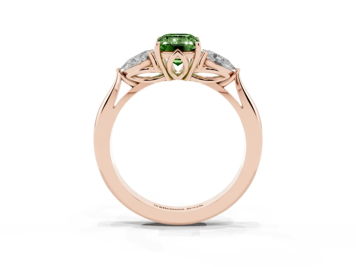 Fancy Green Three-Stone Emerald Cut Brilliant Diamond Solitaire Ring with Tapered Band and Four-Prong Setting Rose gold