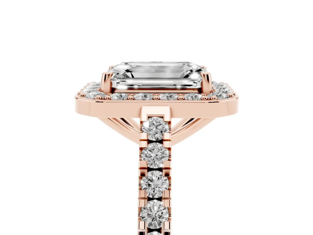 Emerald Cut Diamond Halo Ring with Round Pavé Split Shank and Prong Setting Rose gold