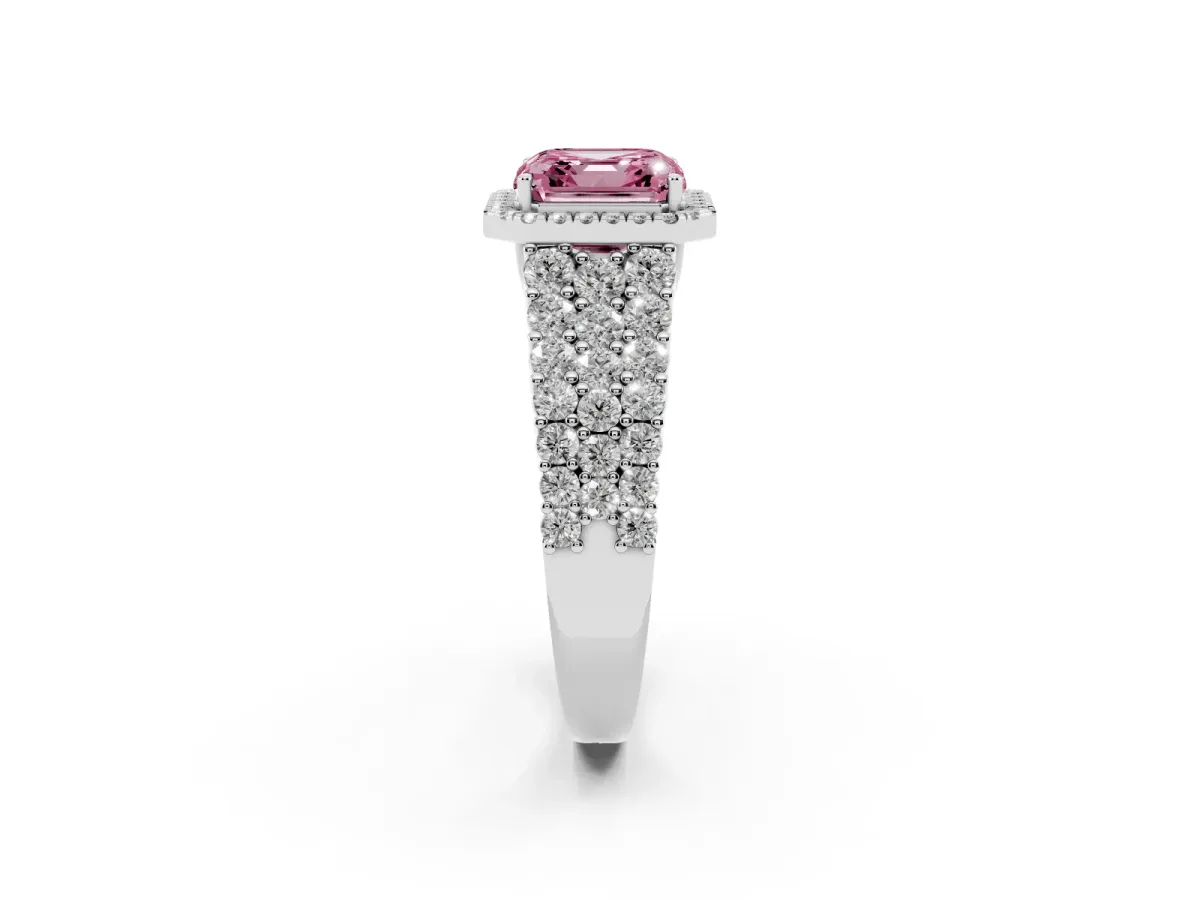 Fancy Pink Asscher Cut Diamond Halo Engagement Ring with Triple Row Round Pavé Band and Prong Setting Platinum