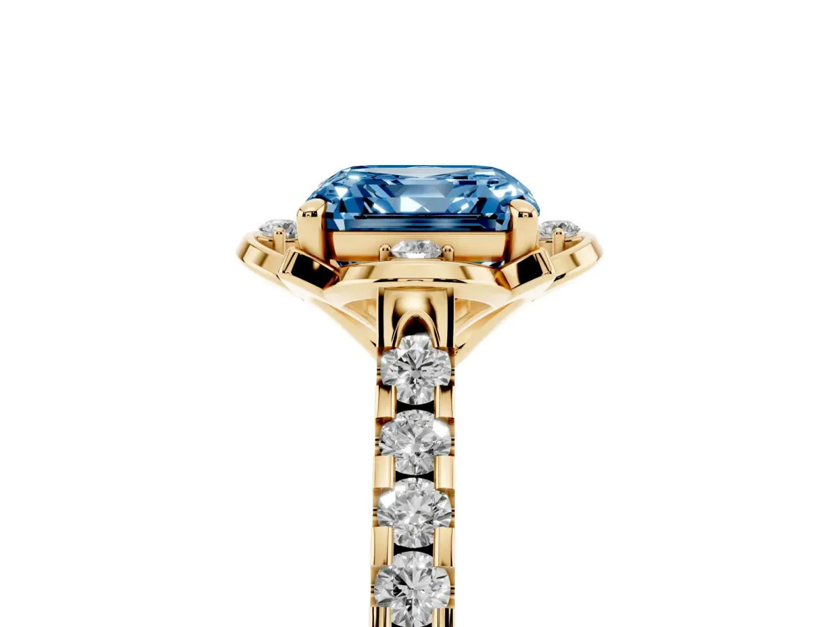 Fancy Blue Asscher Cut Diamond Ring with Pavé Band and Floral Prong Setting Yellow gold
