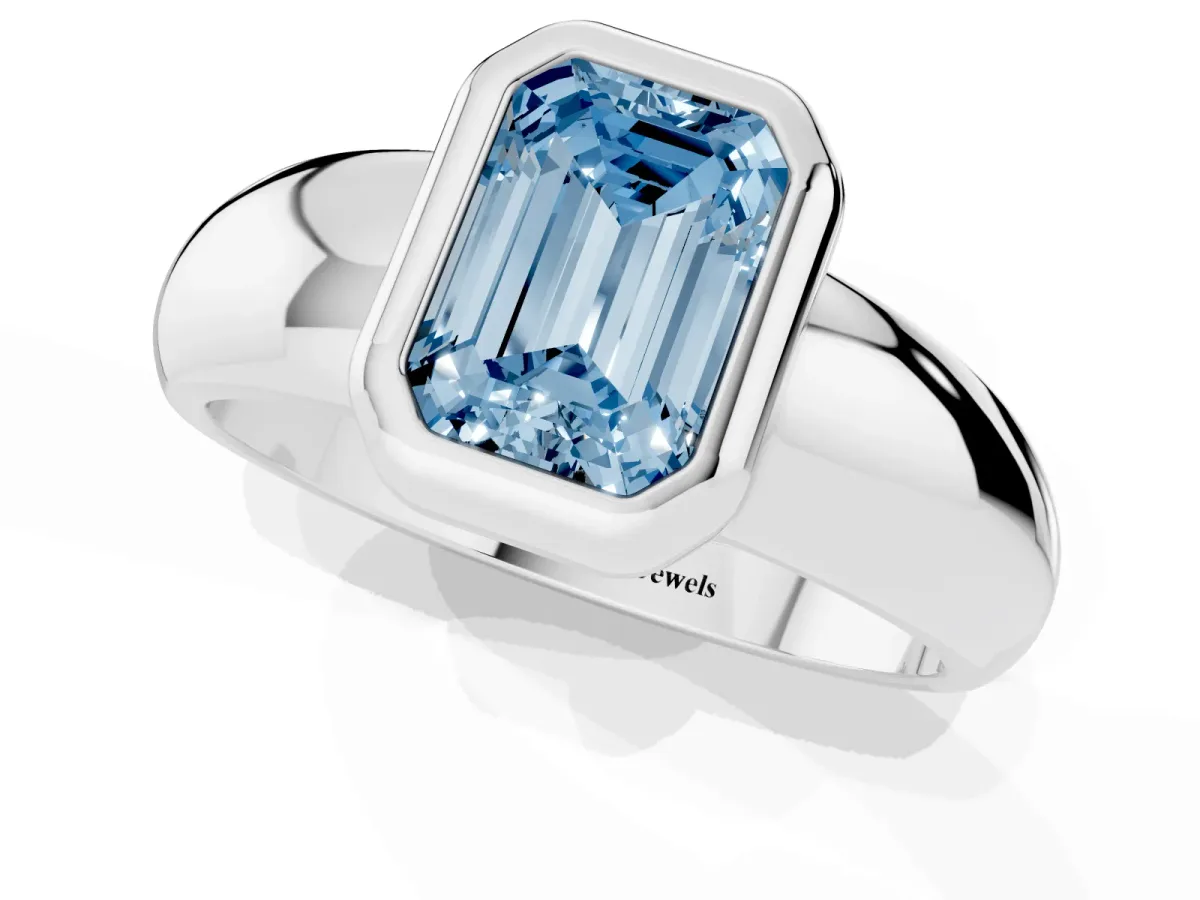 Fancy Blue Bezel Set Emerald Cut Solitaire Ring with Wide Band Platinum