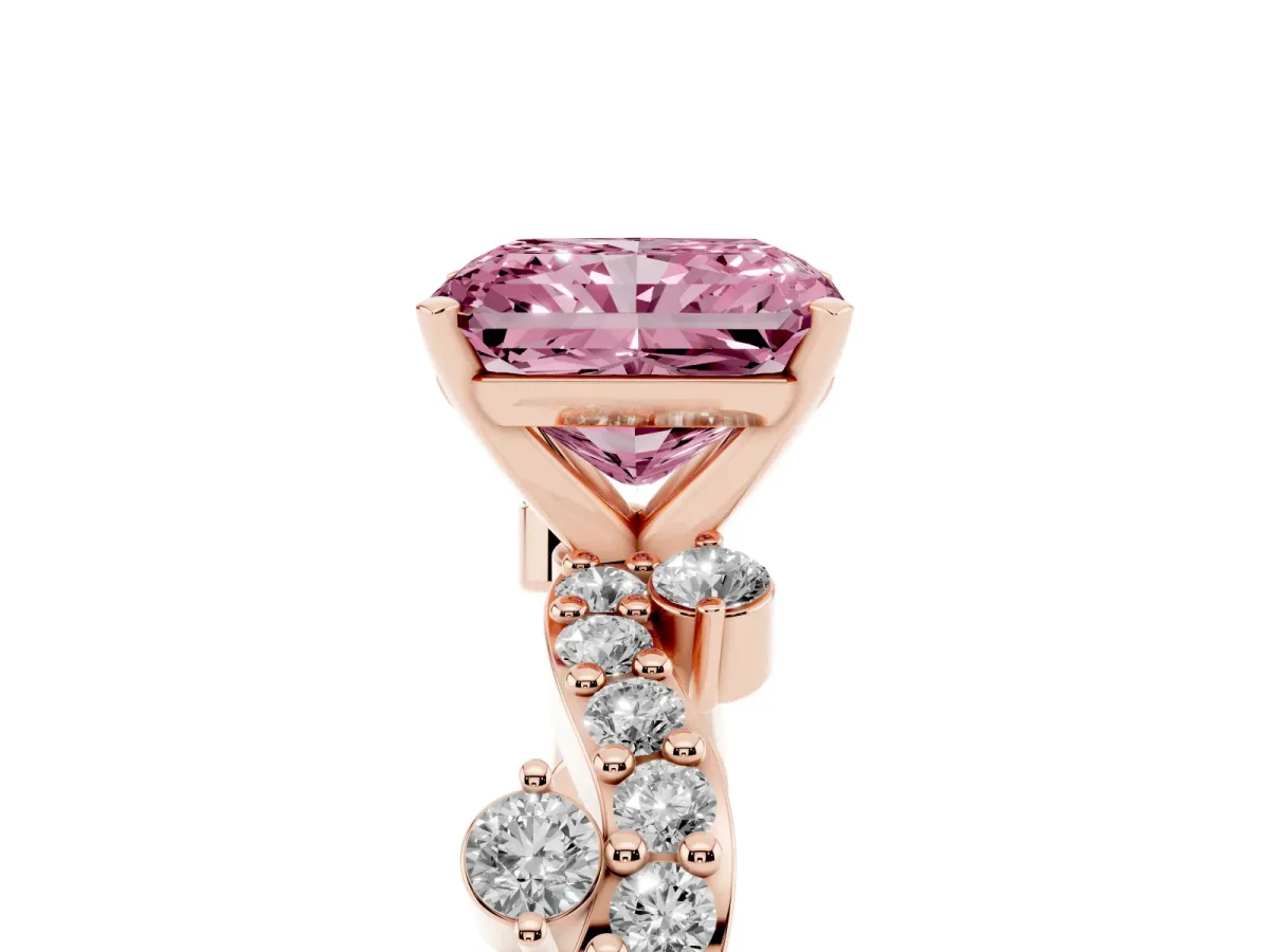 Fancy Pink Radiant Cut Cut Solitaire Diamond Twisted Band with Pave Setting Rose gold