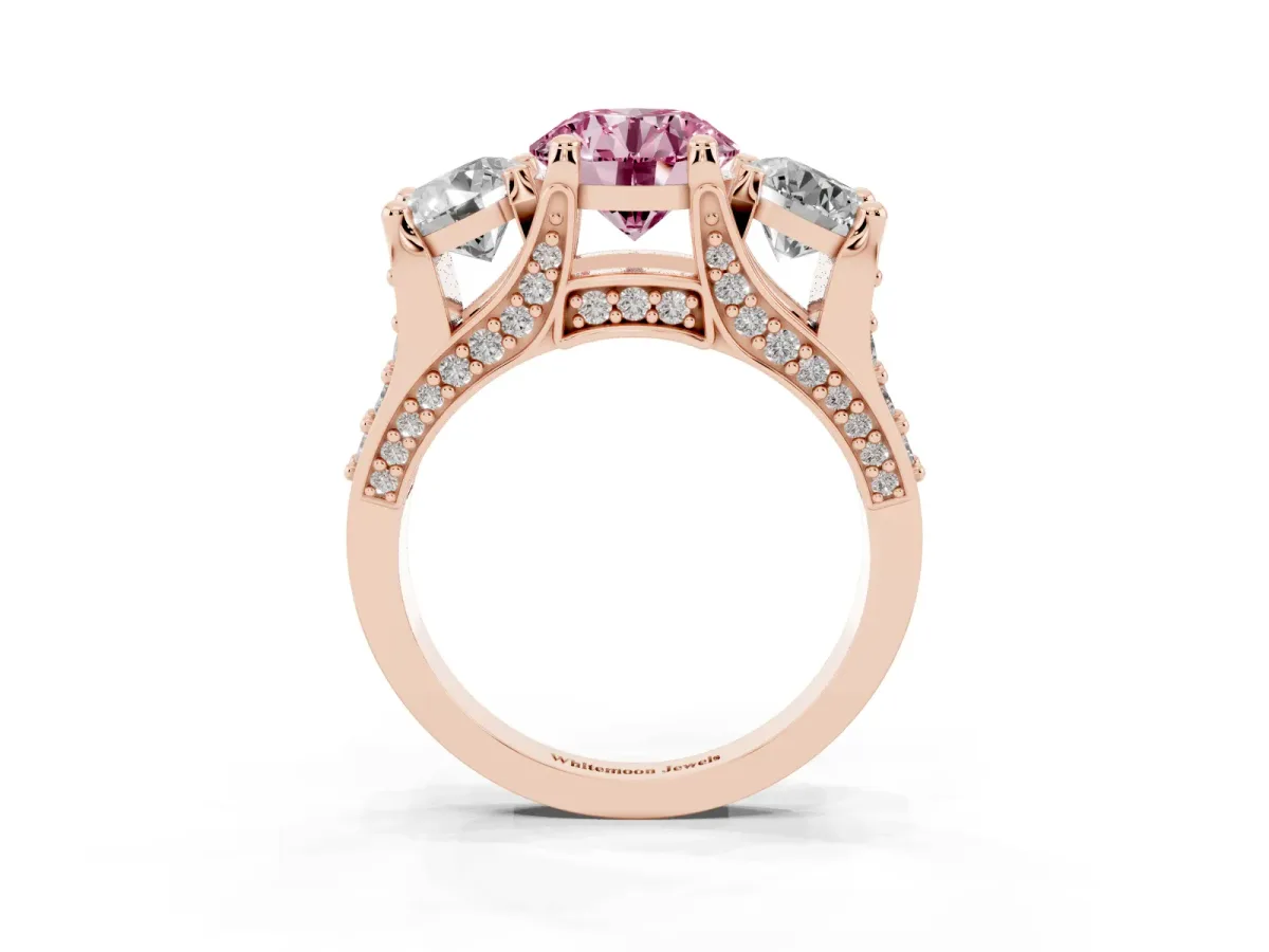 Fancy Pink Round Cut Diamond Three-Stone Ring with Channel Set Band and Four-Prong Setting Rose gold