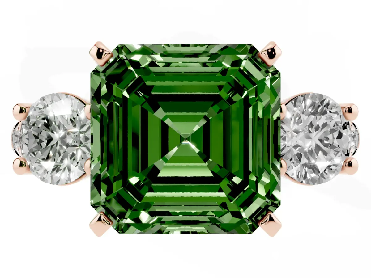 Fancy Green Three-Stone Asscher Cut Diamond Pavé Band with Four-Prong Setting Rose gold