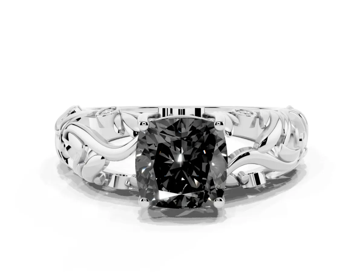 Fancy Black Cushion Cut Solitaire Diamond Leaf-Inspired Vine Band Ring with Prong Setting Silver