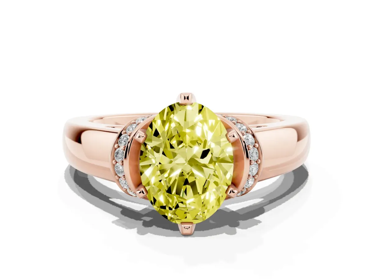 Fancy Yellow Oval Cut Solitaire Diamond Ring with Pave Band and Six-Prong Setting Rose gold